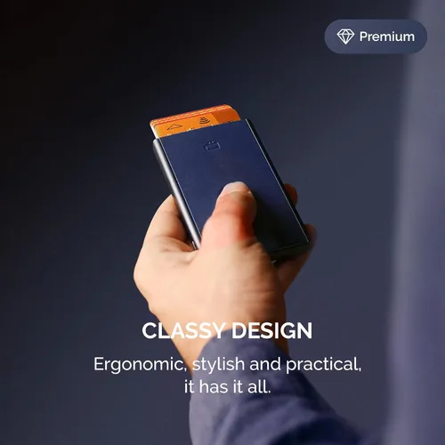 Vista 28 de ÖGON -DESIGNS- Tarjetero automático de aluminio, protección RFID contra fraude y desmagnetización, cartera delgada y minimalista para hombres