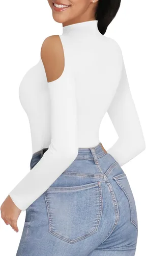Vista 4 de MANGOPOP Long Sleeve Body Suits for Womens Turtleneck Bodysuit Going Out Tops with Sexy Shoulder Cutout