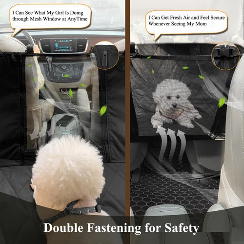 Vista 2 de VIVAGLORY Funda de asiento de perro para asiento trasero, ventana visual de malla con correa adicional y hebillas para mayor seguridad, fundas