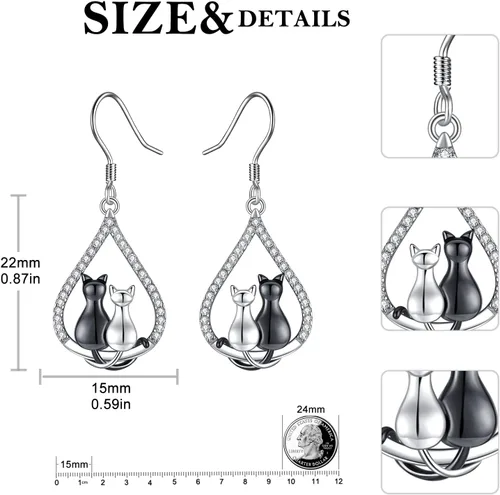 Vista 183 de Aretes colgantes de plata de ley con diseño de árbol de la vida, flor, abeja, animales, gato, colibrí, piedra lunar, turquesa, aretes con cierre