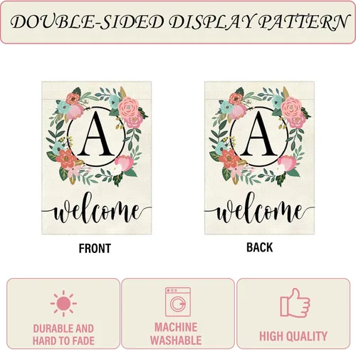 Vista 4 de Bandera de jardín con letra monograma, floral, 12 x 18 pulgadas, doble cara para exterior, pequeña de arpillera, familia, apellido, bandera inicial