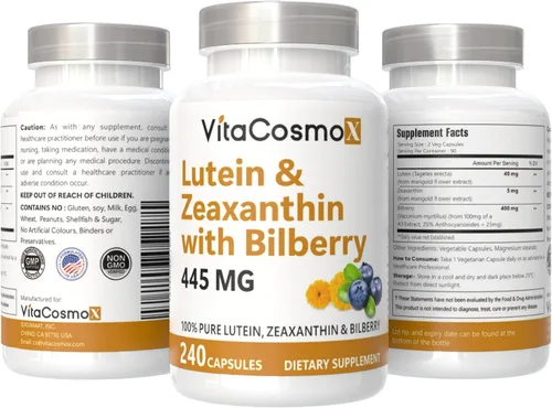 Vista 2 de Luteína con zeaxantina, cápsulas veganas, 240 unidades, 40 mg de luteína + 4 mg de zeaxantina por porción, sin OMG, sin gluten