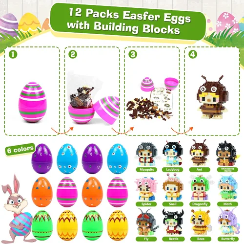 Vista 3 de Mini bloques de construcción de animales, paquete de 12 unidades, recuerdos de fiesta para construcción de niños, huevos de Pascua precargados