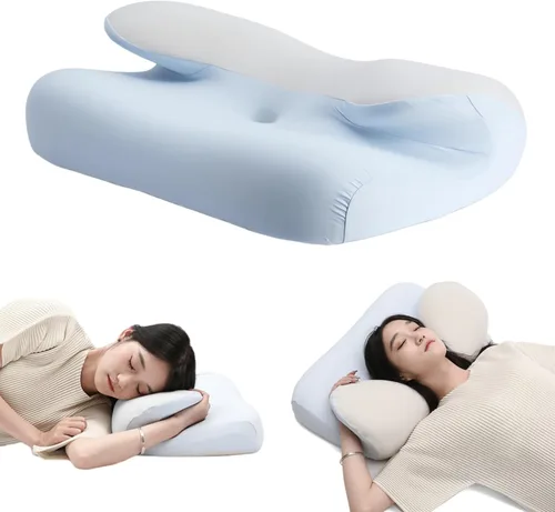 Vista 9 de Almohada ergonómica de espuma viscoelástica contorneada con tecnología de enfriamiento, diseño de soporte cervical (azul y blanco)