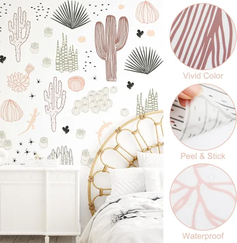 Vista 7 de Calcomanías de pared de cactus para dormitorio, calcomanías de pared de cactus dibujadas a mano, calcomanías de pared de cactus de vinilo para sala