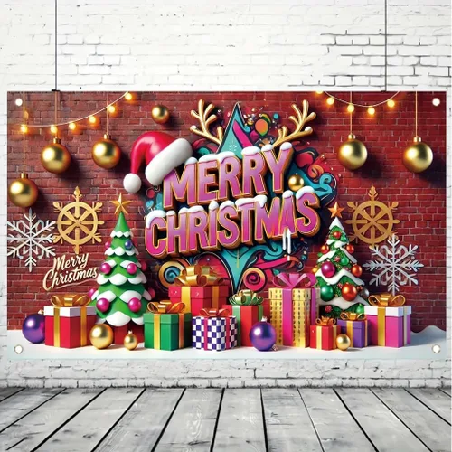 Vista 5 de Cartel de Feliz Navidad de 71 x 43 pulgadas, caja de regalo, adorno de árbol, decoración de fondo de fotografía para fiestas de invierno