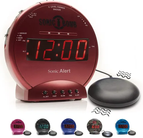 Vista 9 de Sonic Bomb - Reloj despertador doble extra fuerte con vibrador de cama, negro Sonic Alert vibrante, para personas de sueño pesado, batería