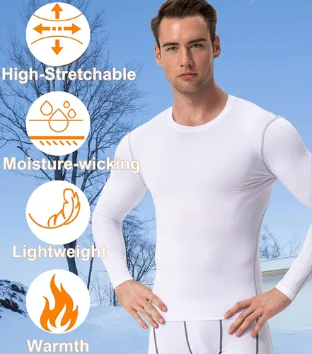 Vista 4 de Camisetas térmicas de compresión de manga larga para hombre, capa base atlética, para clima frío, correr, gimnasio, forro polar