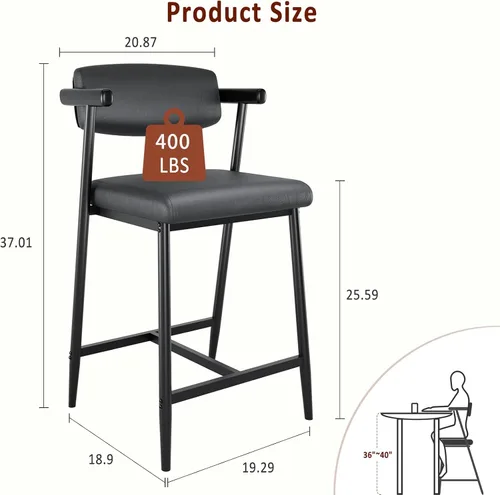 Vista 2 de IDEALHOUSE Juego de 2 taburetes de bar de altura de mostrador con brazos, taburetes de bar tapizados de 26 pulgadas con respaldo, asiento más ancho