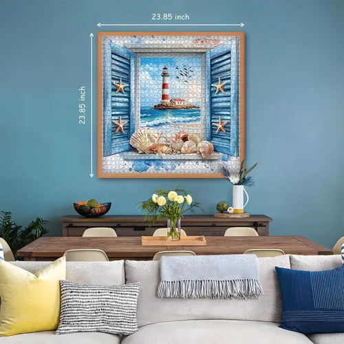 Vista 4 de PICKFORU Rompecabezas de playa para adultos de 1000 piezas, rompecabezas de faro con arte de ventana 3D y conchas marinas, rompecabezas únicos