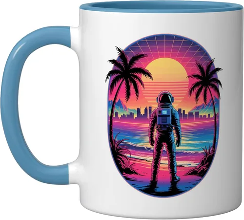 Vista 9 de Vaporwave Synthwave Astronaut Spaceman Science Space Ceramic Mug, Black/White, 11oz