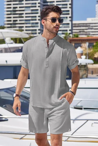 Vista 2 de COOFANDY Conjunto de lino de 2 piezas para hombre, camisa Henley, manga corta y pantalones cortos, trajes a juego para yoga y playa