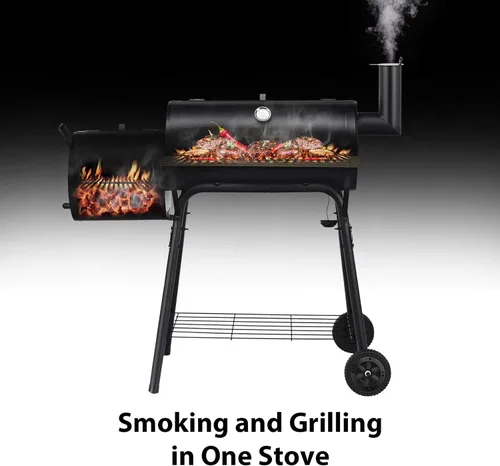 Vista 6 de Giantex Parrilla de carbón para barbacoa con ahumador desplazado, termómetro y amortiguador ajustable, ahumador para cocinar carne, ahumador