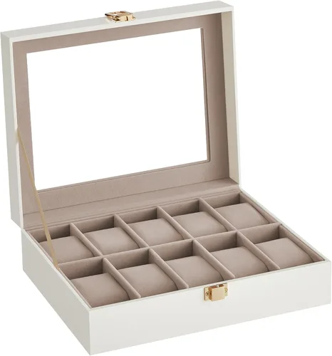 Vista 8 de SONGMICS Caja de reloj, regalos de Navidad, caja de reloj de 10 ranuras con tapa de vidrio grande, almohadas de reloj extraíbles, organizador