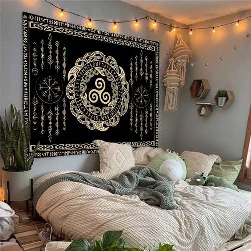 Vista 7 de F-FUN SOUL Tapiz de los vikingos nórdicos, franela suave, 40 x 30 pulgadas, nudo triskele vikingo, runa celta, tapiz de mitología estética