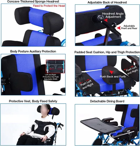 Vista 4 de Silla de ruedas Silla de ruedas totalmente acostada para accidente cerebrovascular hemiplejia discapacitada, parálisis cerebral, silla de ruedas