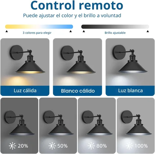 Vista 3 de Juego de 2 apliques de pared que funcionan con pilas, juego de 2 apliques vintage con control remoto, luces de pared regulables para sala de estar
