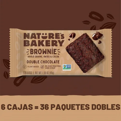 Vista 3 de Nature’s Bakery Barras de Brownie Doble Chocolate, Granos Integrales, Dátiles y Cacao, a Base de Plantas, Sin Lácteos, Barra de Snack, 6