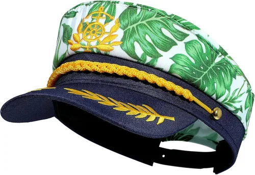 Vista 3 de SOIMISS Sombrero de yate para adulto, sombrero de capitán Monstera con estampado de hojas marinero, gorro de marinero, color azul marino, disfraz