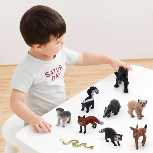 Vista 4 de SIENON 18 piezas de figuras de animales del bosque, miniaturas de animales del bosque para bebés con búho, erizo, zorro, ardilla, oso, mono, ciervo