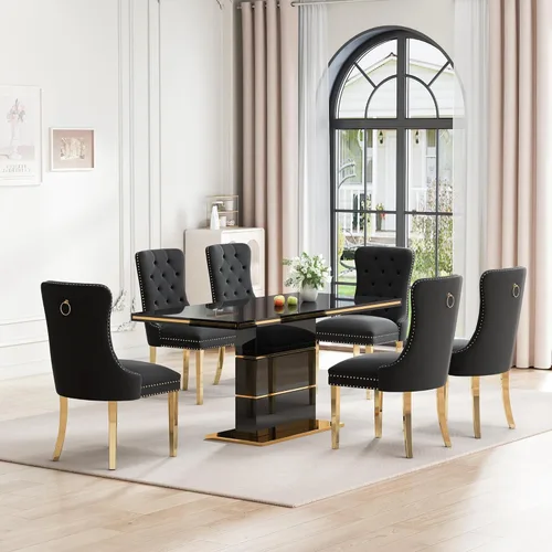 Vista 6 de Mesa de comedor moderna negra para 6 personas, mesa de cocina rectangular de 63 pulgadas con acabado lacado dorado y base de pedestal de acero