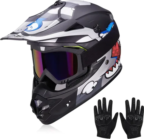 Vista 9 de cascos para niños y jóvenes de bicicleta todoterreno, motocross, ATV, BMX, MX, bicicleta todoterreno, casco de motocicleta J-01 con gafas y guantes