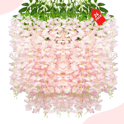 Vista 35 de Paquete de 12 flores colgantes de glicina rosa, flores colgantes falsas de 3.44 pies, guirnalda de glicina artificial para decoración de boda, telón