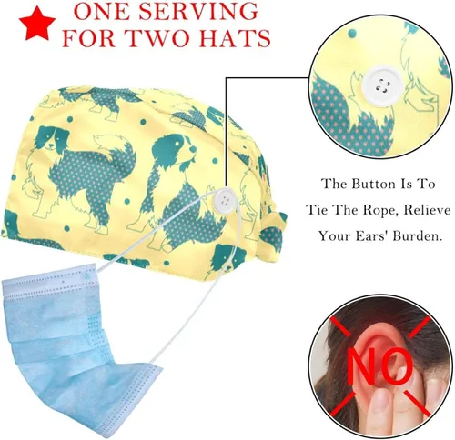 Vista 2 de Working Cap with Button for Women Medical, Surgical Hats Scrub Caps, 2 Pack Adjustable Elastic Tie Back Hat Maple Leaf