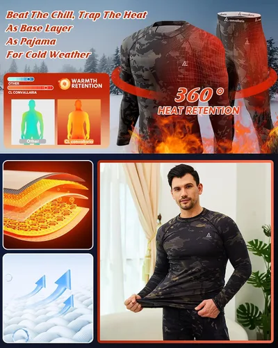 Vista 6 de CL convallaria Ropa interior térmica para hombre, ropa interior larga con forro polar, capa base para clima frío, XS-4XL