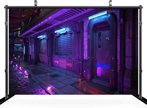 Vista 3 de Telón de fondo de ciudad Cyberpunk de 5 x 3 pies, estilo futurista, estilo grunge, urbano, neón, puerta de calle, paisaje urbano, fondo