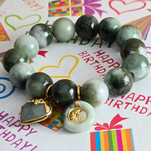 Vista 8 de Pulsera de jade tailandés de 0.55 pulgadas – Cuentas redondas a rayas verdes naturales Pulsera elástica de energía curativa con dije de corazón