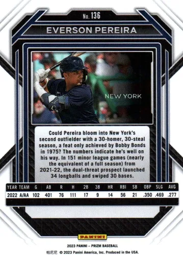 Vista 2 de Everson Pereira Prizm Rookie Card Collectible Baseball Card - 2023 Panini Prizm Rookie Baseball Card #136 (Yankees)