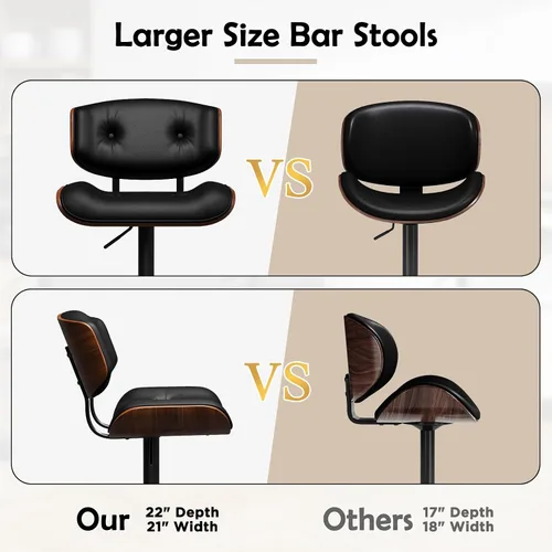 Vista 6 de LUXOAK Juego de 2 taburetes de bar modernos, taburetes giratorios ajustables con respaldo, asiento ancho y profundo, taburetes ergonómicos de piel
