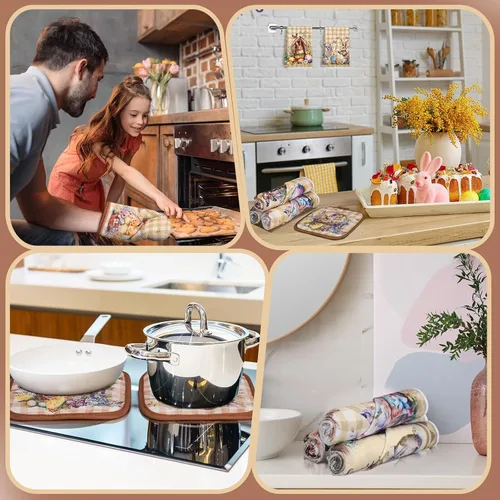 Vista 6 de VitalCozy Juego de 8 toallas de cocina de Pascua, guantes de horno y soporte para ollas, toallas de cocina florales de Pascua, toalla de cocina