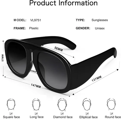 Vista 6 de VANLINKER Gafas de sol de aviador cuadradas de gran tamaño para mujeres y hombres, vintage, redondas, de los años 70, gafas de sol retro gruesas
