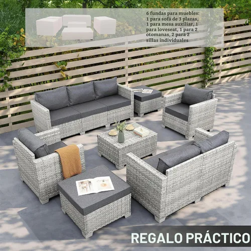 Vista 2 de WAROOM Juego de muebles de patio de 7 piezas de mimbre gris para exteriores, sofá seccional de ratán de polietileno con mesa de centro