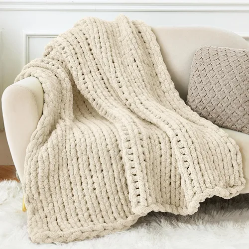 Vista 2 de Hilo grueso de chenilla para tejer a mano mantas, súper suave y súper grande (Beige)