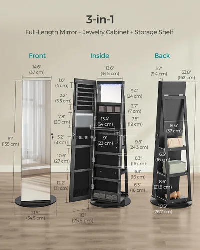 Vista 5 de SONGMICS Armario de joyería de espejo con cerradura de 6 LED, organizador de joyas giratorio de 360, Armario de joyería de pie, espejo de cuerpo