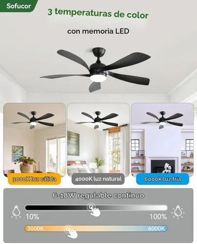 Vista 3 de Sofucor Ventilador de techo moderno inteligente de 52 pulgadas con luz para Negro
