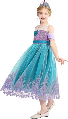 Vista 2 de PURFEEL Vestido de sirena con lentejuelas para niñas vestido de fiesta de sirena bordado con todos los accesorios color morado y verde 3-4 años