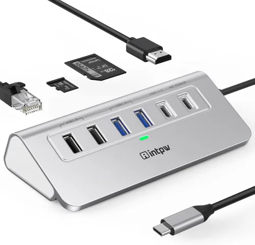 Vista 14 de intpw P9R PRO USB C Hub Ethernet, Estación de acoplamiento USB C de 10Gbps 10-en-1 con HDMI 4K@60Hz, Tipo-C y 2 USB A 3.2 Datos, LAN, 2 USB A 2.0