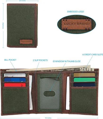 Vista 7 de Lucky Brand Lona para hombre con ribete de cuero RFID Trifold