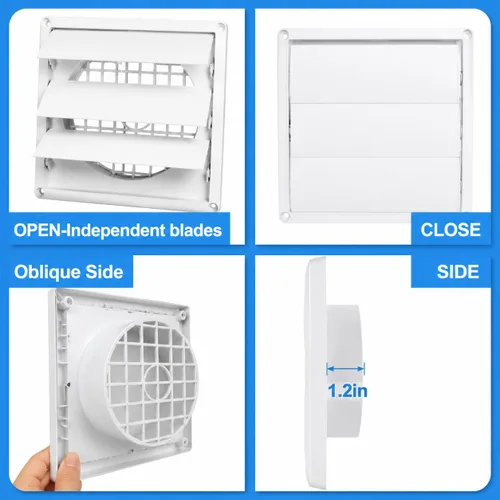 Vista 4 de Cubierta de ventilación exterior de 4 pulgadas con solapa con listones y protector de pájaros integrado, tapa de escape exterior resistente a