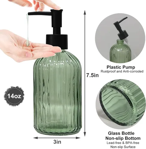 Vista 2 de Juego de dispensador de jabón de vidrio verde con bomba negra, dispensador de jabón líquido de manos de 13.5 onzas, dispensador de jabón para platos