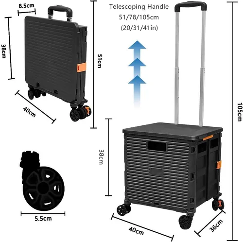 Vista 4 de Carrito plegable portátil con ruedas para compras, 4 ruedas giratorias con mango telescópico de plástico duradero y resistente, para viajes