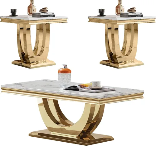 Vista 40 de SSLine Moderna mesa de centro de 1 pieza para sala de estar, mesa de centro de lujo de mármol sintético con patas de acero inoxidable en forma de S