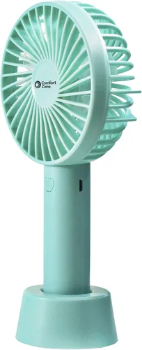 Vista 4 de Comfort Zone Ventilador recargable de mano personal, 4 pulgadas, 3 velocidades, batería de iones de litio, cable micro USB, potente, mini ventilador