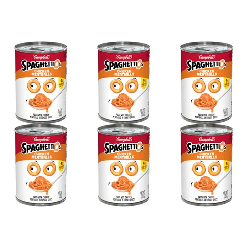 Vista 32 de SpaghettiOs Pasta enlatada con albóndigas A to Z's, lata de 15.6 onzas