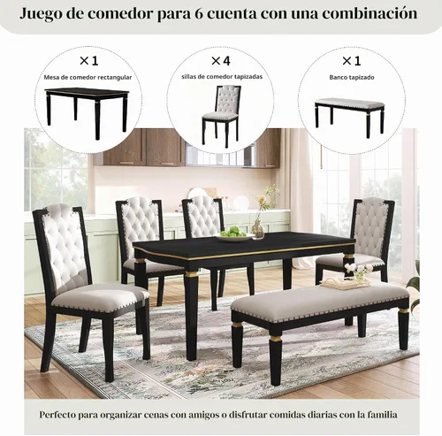 Vista 7 de Merax Juego de mesa de comedor de 6 piezas con banco, mesa rectangular de madera de 60 pulgadas con 4 sillas copetudas de respaldo alto y 1 banco