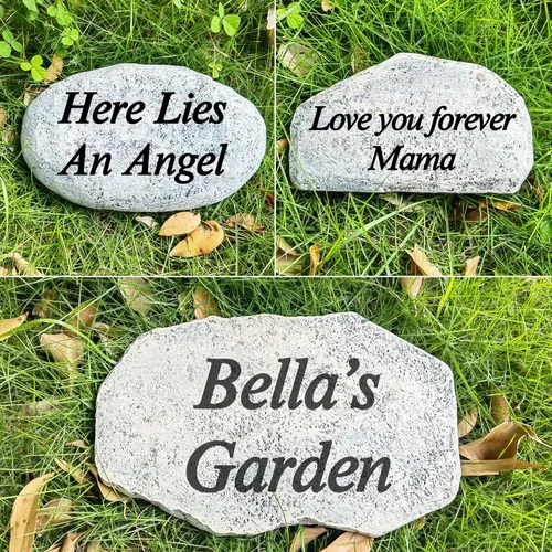 Vista 2 de Zatanmulo Piedra conmemorativa de resina, blanca, grabada con cualquier mensaje, piedra decorativa de jardín, 7.0 x 5.0 x 1.5 pulgadas, memorial
